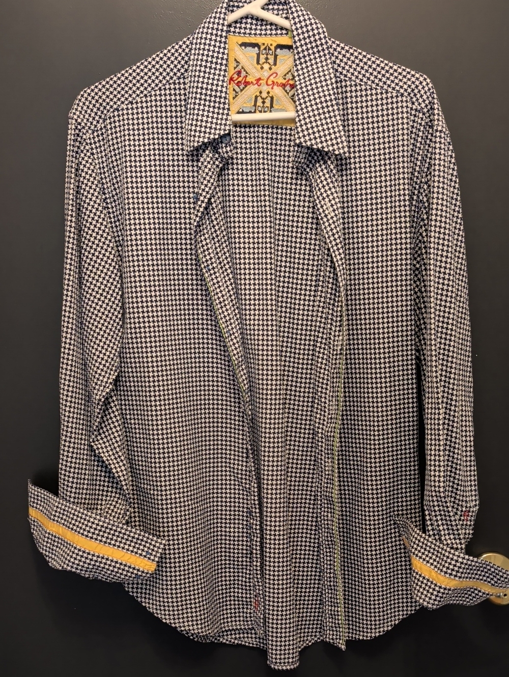 Robert Graham Men's Navy & White Houndstooth Shirt  with Yellow Trim